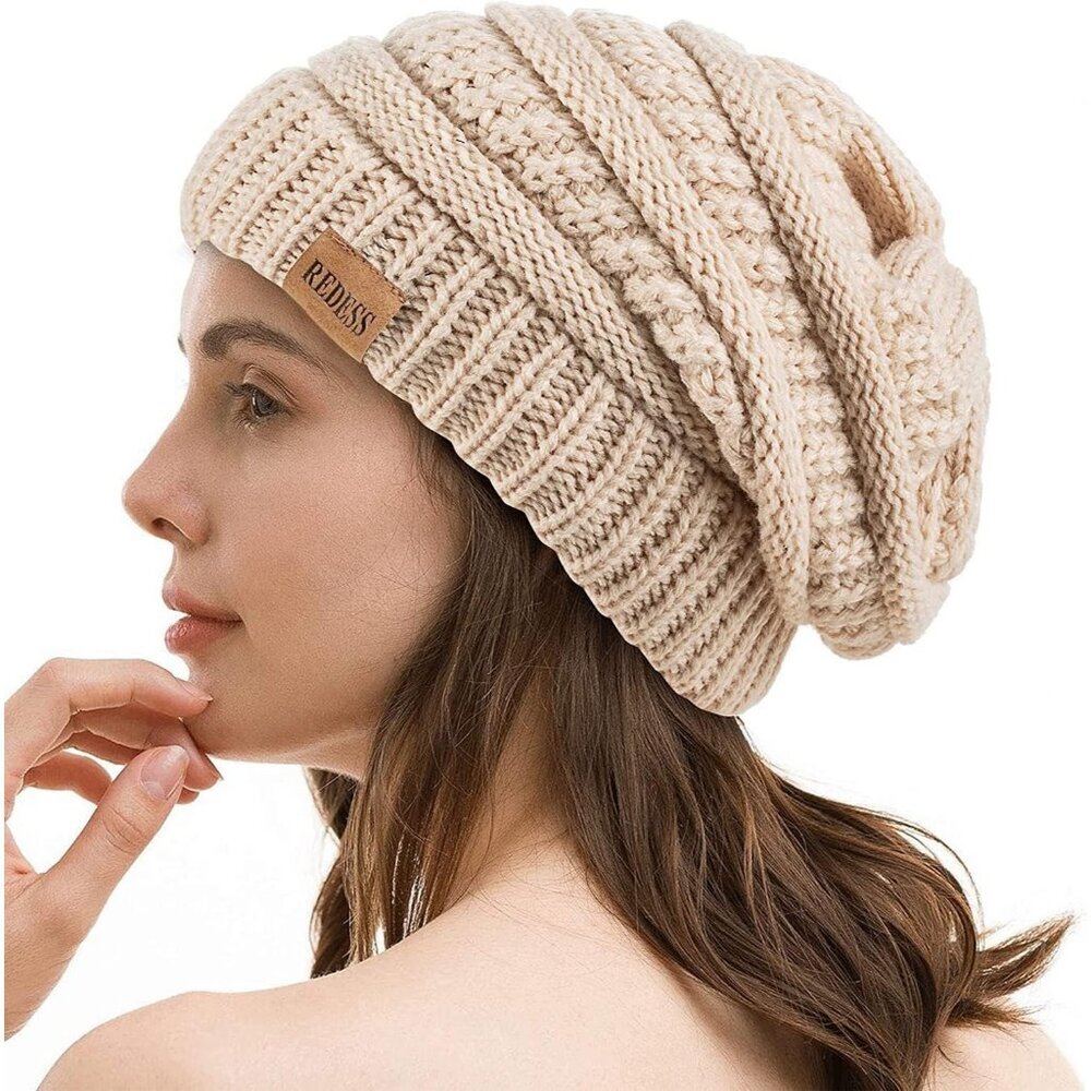 Women's Slouchy A3 Beige Beanie Winter Warm Chunky Soft Skull Cable Knit Hat Cap
